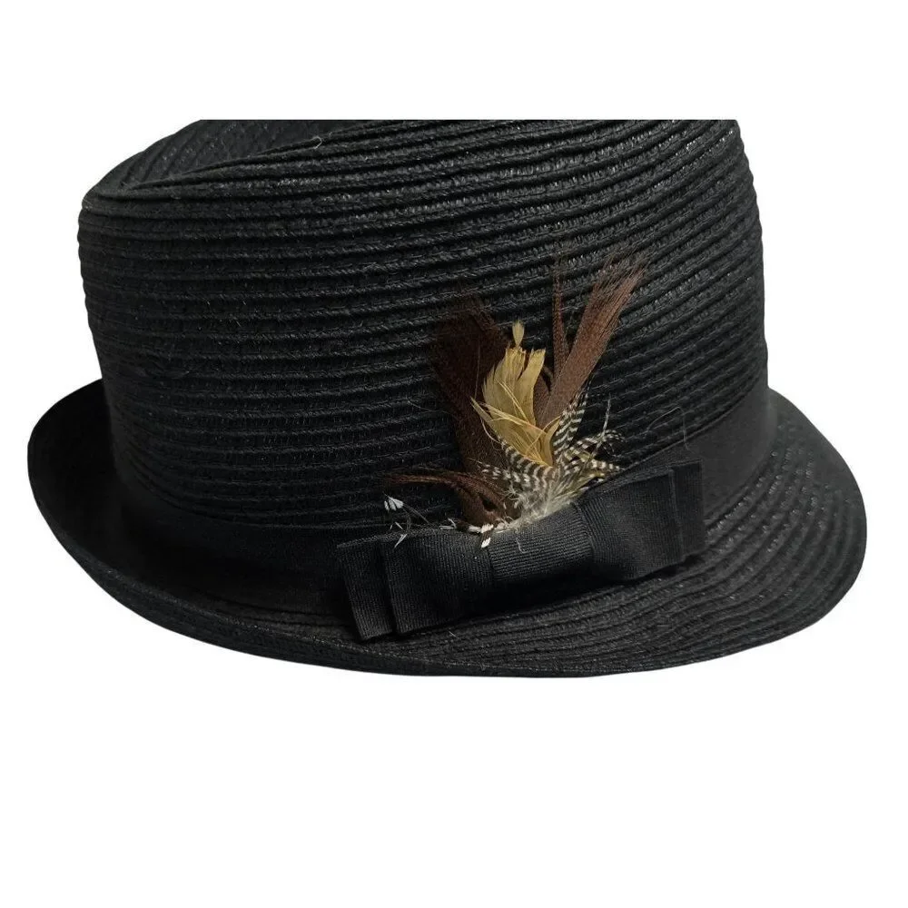Black Straw Fedora Hat With Feather Accent Quirky Vintage Charm daper